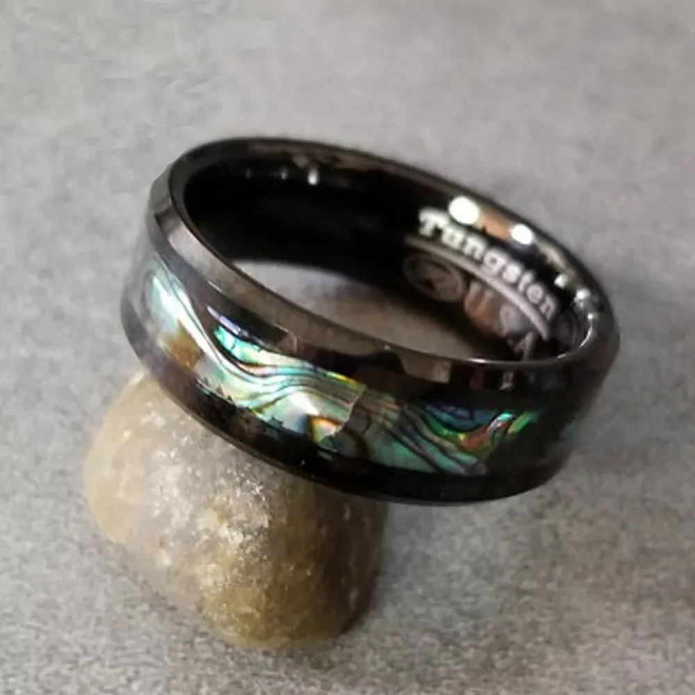 Men's Real Black Tungsten Promise Ring With Abalone Shell Inlay